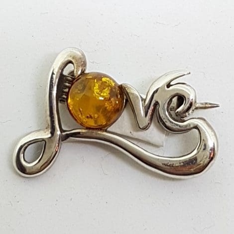 Sterling Silver Natural Amber Love Brooch