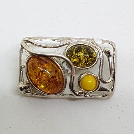 Sterling Silver Natural Amber Butter, Green and Brown Rectangular Brooch