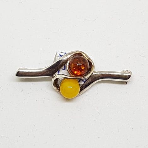 Sterling Silver Natural Amber Twist Butter and Brown Bar Brooch