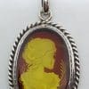 Sterling Silver Natural Amber Oval Carved Cameo Brooch / Pendant on Sterling Silver Chain