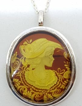Sterling Silver Natural Amber Carved Lady with Hat Cameo Brooch / Pendant on Sterling Silver Chain
