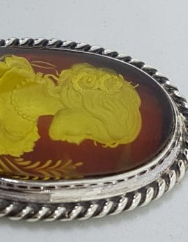 Sterling Silver Natural Amber Oval Carved Cameo Brooch / Pendant on Sterling Silver Chain