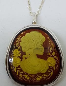 Sterling Silver Natural Amber Carved Lady with Roses Cameo Brooch / Pendant on Sterling Silver Chain