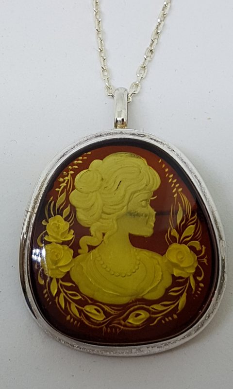 Sterling Silver Natural Amber Carved Lady with Roses Cameo Brooch / Pendant on Sterling Silver Chain