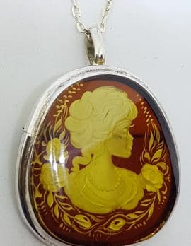 Sterling Silver Natural Amber Carved Lady with Roses Cameo Brooch / Pendant on Sterling Silver Chain