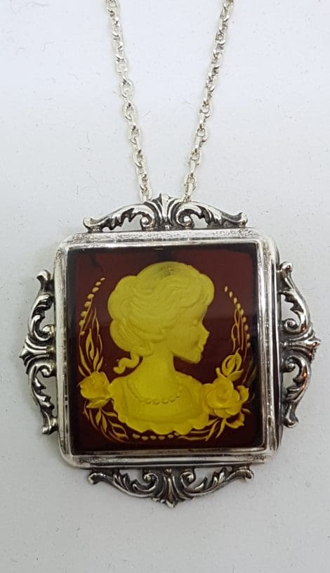 Sterling Silver Natural Amber Carved Lady with Roses Cameo Ornate Brooch / Pendant on Sterling Silver Chain