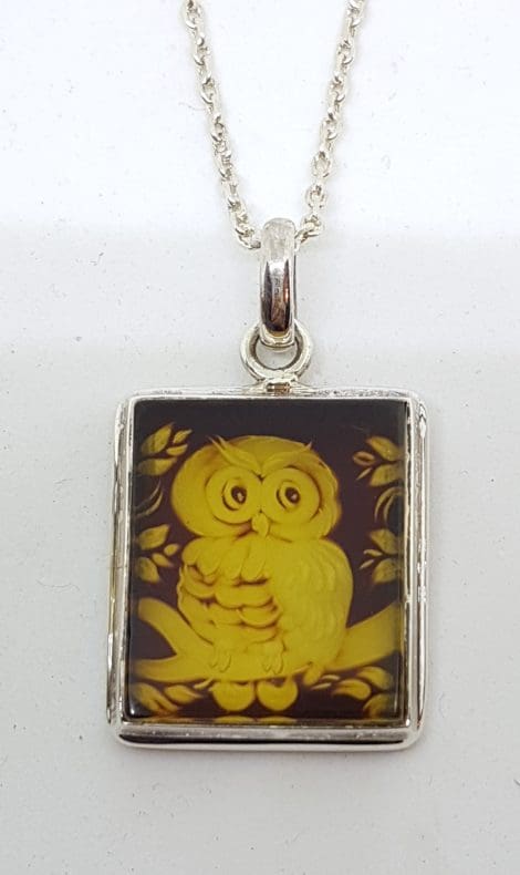 Sterling Silver Natural Amber Carved Owl Cameo Square Pendant on Sterling Silver Chain