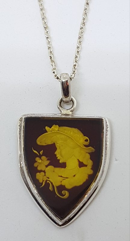 Sterling Silver Natural Amber Carved Lady with Flowers Cameo Shield Brooch / Pendant on Sterling Silver Chain