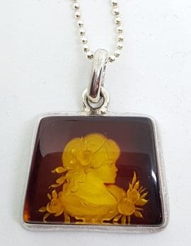 Sterling Silver Natural Amber Carved Girl Cameo Pendant on Sterling Silver Chain