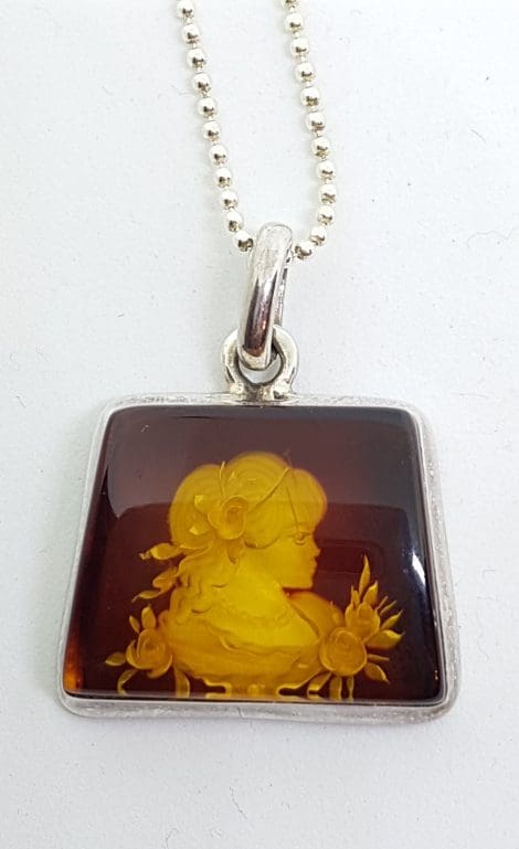 Sterling Silver Natural Amber Carved Girl Cameo Pendant on Sterling Silver Chain