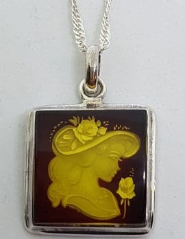 Sterling Silver Natural Amber Carved Lady with Hat & Rose Cameo Pendant on Sterling Silver Chain