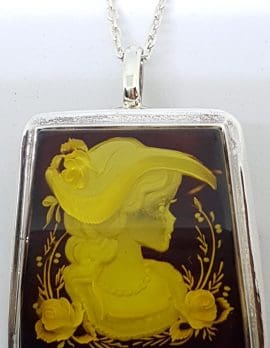 Sterling Silver Natural Amber Carved Lady with Hat & Rose Cameo Brooch / Pendant on Sterling Silver Chain