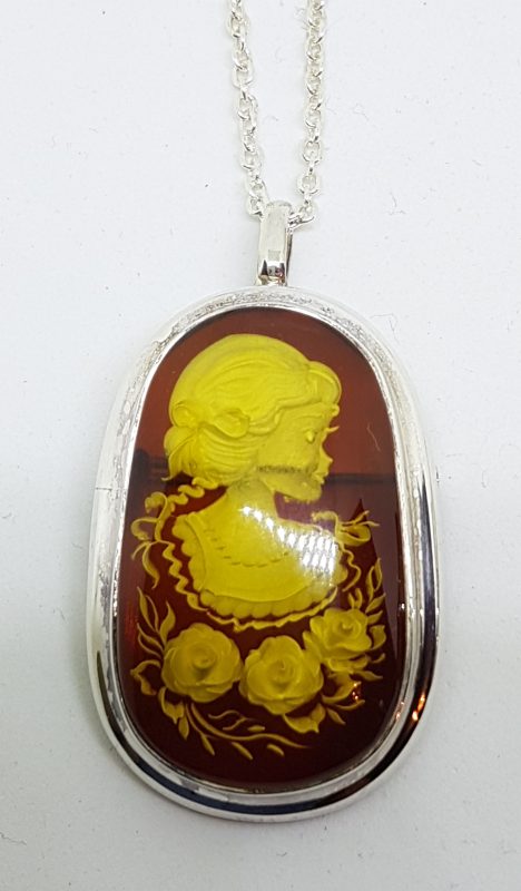 20200506_085642 Sterling Silver Natural Amber Carved Lady with Hat & Rose Oval Cameo Brooch / Pendant on Sterling Silver Chain