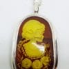 Sterling Silver Natural Amber Carved Lady with Hat & Rose Oval Cameo Brooch / Pendant on Sterling Silver Chain