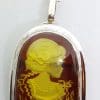 Sterling Silver Natural Amber Carved Lady with Hat & Rose Oval Cameo Brooch / Pendant on Sterling Silver Chain