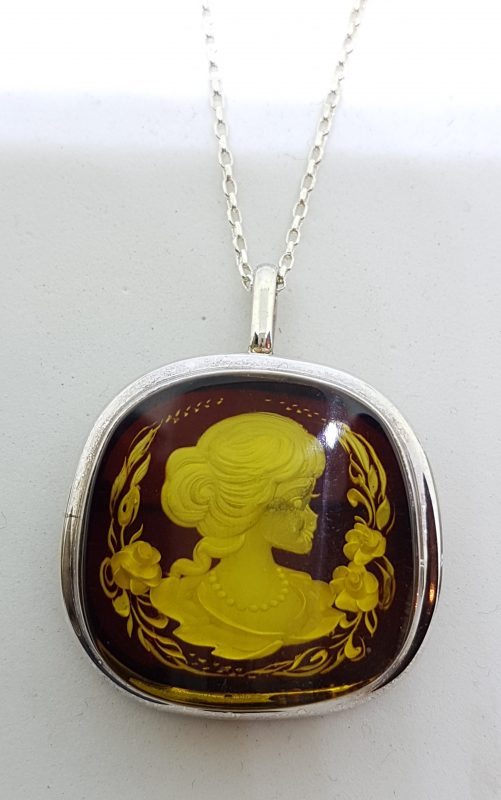 Sterling Silver Natural Amber Carved Lady with Rose Cameo Brooch / Pendant on Sterling Silver Chain