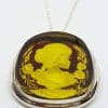 Sterling Silver Natural Amber Carved Lady with Rose Cameo Brooch / Pendant on Sterling Silver Chain