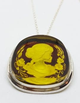 Sterling Silver Natural Amber Carved Lady with Rose Cameo Brooch / Pendant on Sterling Silver Chain