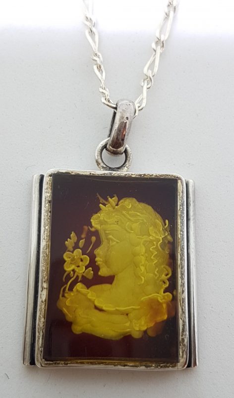 Sterling Silver Natural Amber Carved Girl with Flower Cameo Pendant on Sterling Silver Chain