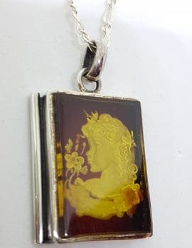 Sterling Silver Natural Amber Carved Girl with Flower Cameo Pendant on Sterling Silver Chain