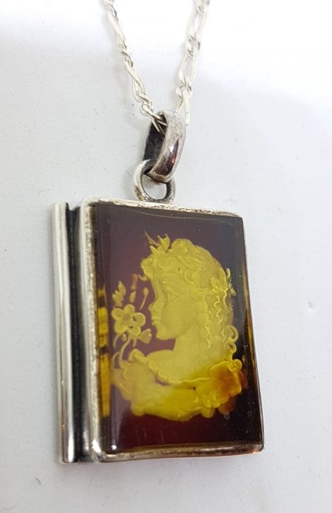 Sterling Silver Natural Amber Carved Girl with Flower Cameo Pendant on Sterling Silver Chain