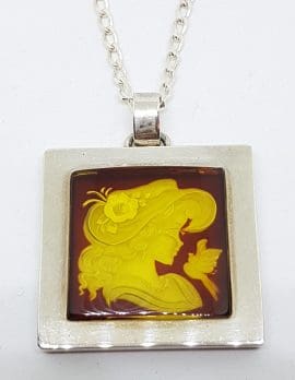 Sterling Silver Natural Amber Carved Girl with Hat Cameo Large Square Pendant on Sterling Silver Chain