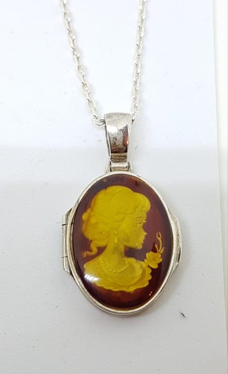 Sterling Silver Natural Amber Carved Girl with Flower Cameo Oval Locket Pendant on Sterling Silver Chain