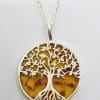 Sterling Silver Large Round Natural Amber Tree of LIfe Pendant on Sterling Silver Chain