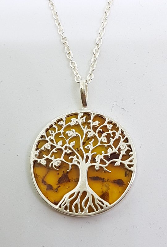 20200506_090041 Sterling Silver Large Round Natural Amber Tree of LIfe Pendant on Sterling Silver Chain