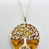 Sterling Silver Large Round Natural Amber Tree of Life Pendant on Silver Chain