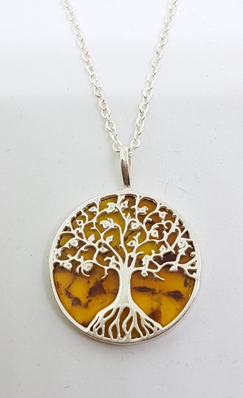 20200506_090053 Sterling Silver Large Round Natural Amber Tree of Life Pendant on Silver Chain