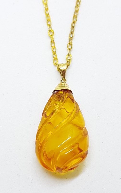 20200506_132056 14ct Yellow Gold Carved Drop Natural Baltic Amber Pendant on 9ct Gold Chain
