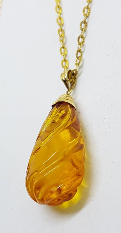 20200506_132123 9ct Yellow Gold Carved Drop Natural Amber Pendant on 9ct Chain