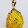 9ct Yellow Gold Large Carved Natural Amber Pendant on 9ct Chain