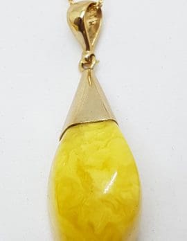 9ct Yellow Gold Natural Butter Amber Drop Pendant on 9ct Chain