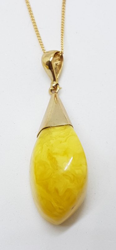 9ct Yellow Gold Natural Butter Amber Drop Pendant on 9ct Chain