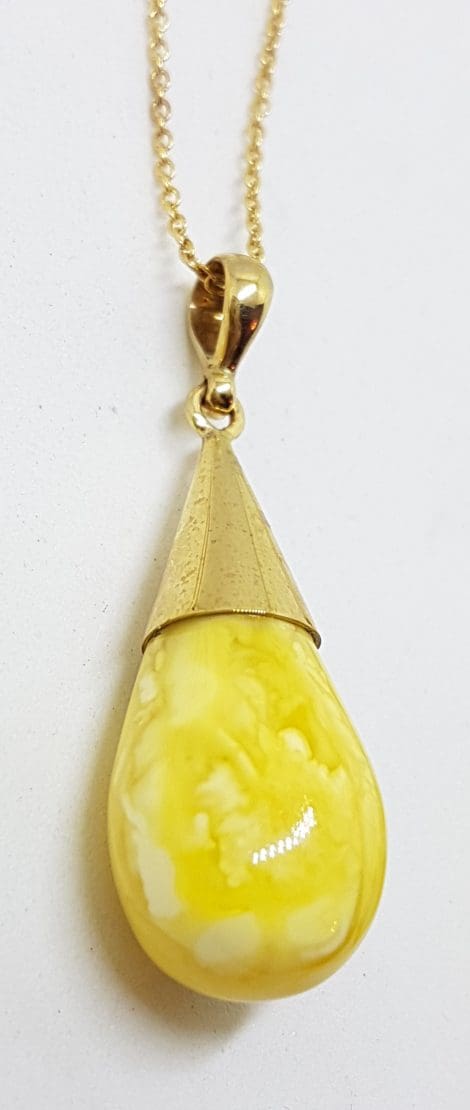 9ct Yellow Gold Natural Butter Amber Drop Pendant on 9ct Chain