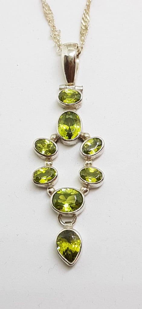 Sterling Silver Long Cluster Peridot Pendant on Silver Chain