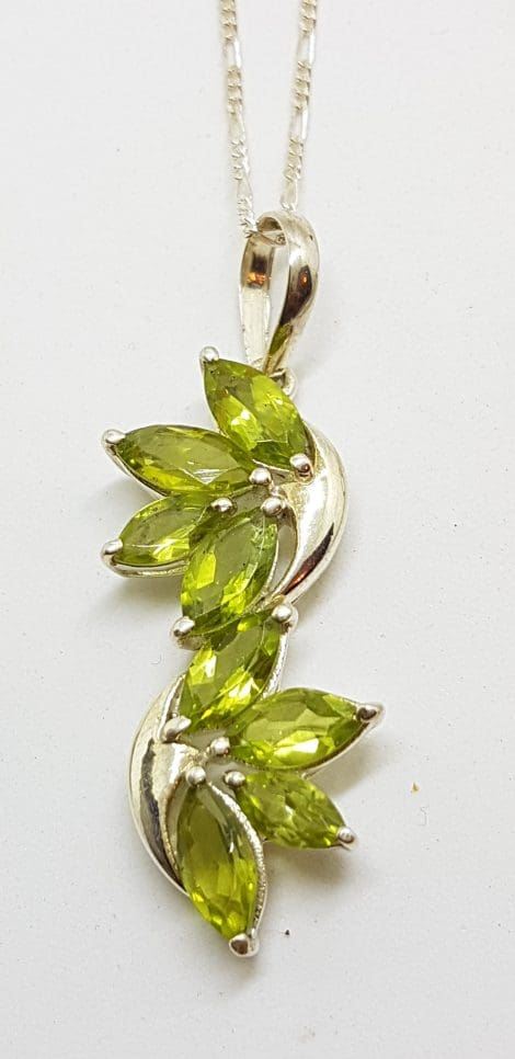 Sterling Silver Peridot Long Leaf Design Pendant on Silver Chain