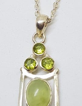 Sterling Silver Oval Cabochon Prehonite with Peridot Pendant on Silver Chain