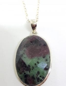 Sterling Silver Large Oval Ruby Zoisite Pendant on Silver Chain