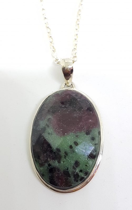Sterling Silver Large Oval Ruby Zoisite Pendant on Silver Chain