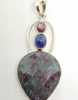 Sterling Silver Large Ruby Zoisite, Cabochon Iolite and Ruby Pendant on Silver Chain