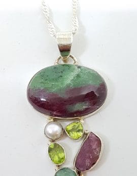 Sterling Silver Large Ruby Zoisite, Ruby, Emerald, Peridot & Pearl Pendant on Silver Chain