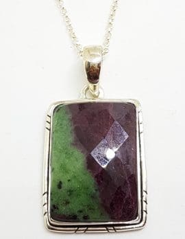 Sterling Silver Large Ruby Zoisite Faceted Rectangular Pendant on Silver Chain