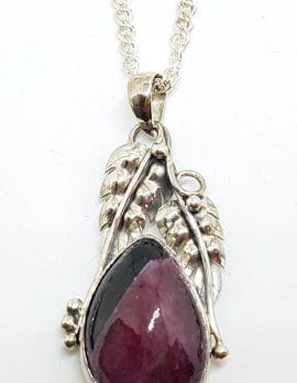 Sterling Silver Large Ruby Zoisite Ornate Leaf Design Pendant on Silver Chain