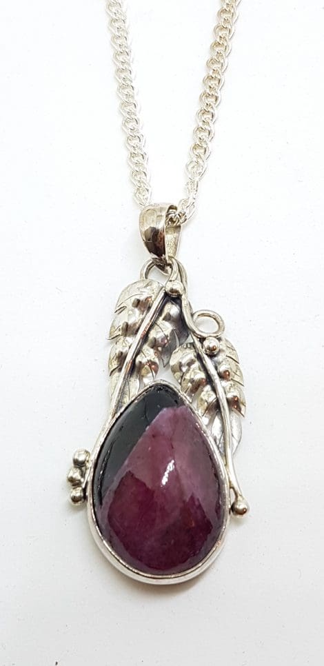 Sterling Silver Large Ruby Zoisite Ornate Leaf Design Pendant on Silver Chain