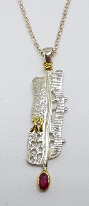 Sterling Silver & Gold Plate Long Ruby Pendant on Silver Chain