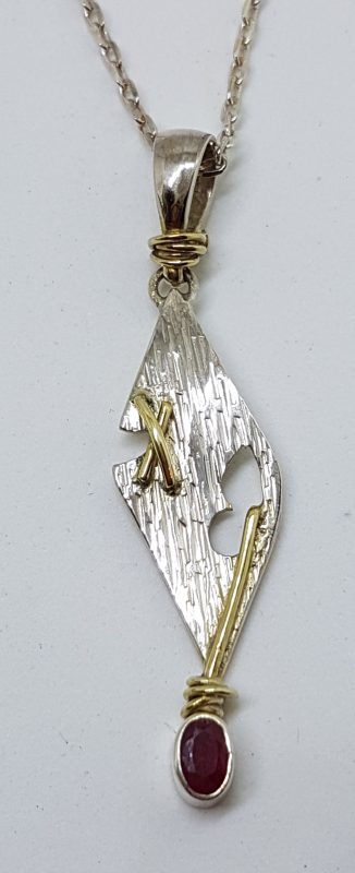 Sterling Silver & Gold Plate Long Ruby Pendant on Silver Chain