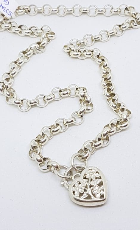 Sterling Silver Belcher Link Necklace / Chain With Ornate Padlock Clasp